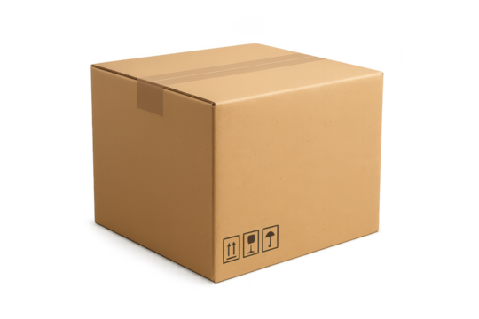 Cardboard shipping box with symbols isolated on transparent background