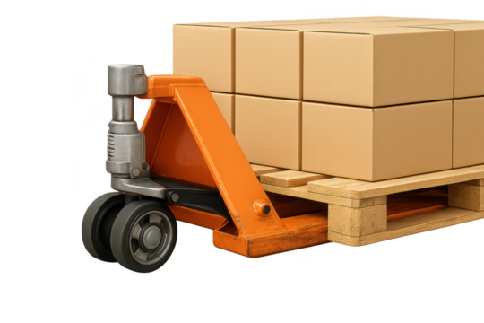 Pallet jack moving cardboard boxes on a wooden pallet, isolated subject.