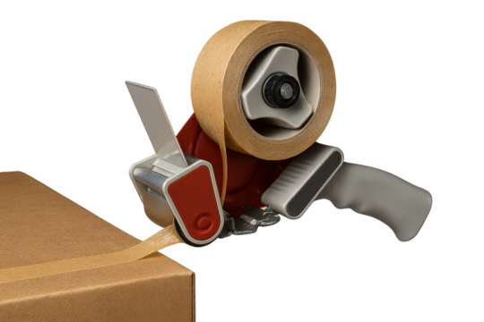 Packing tape dispenser sealing a cardboard box, isolated on transparent background