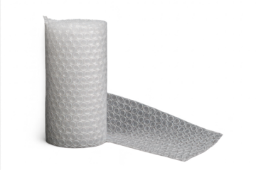 Protective bubble wrap roll, partially unrolled, isolated on transparent background