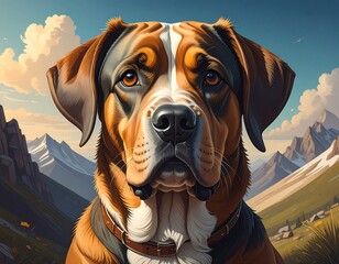 A portrait of a beautiful dog with mountains in the background art style