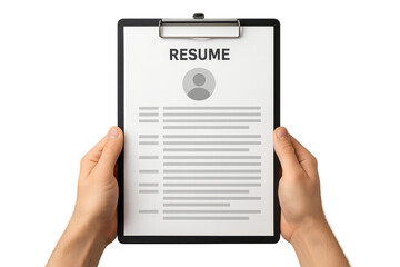 Hands holding a resume on clipboard, isolated on transparent background