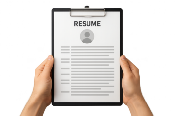 Hands holding a resume on clipboard, isolated on transparent background