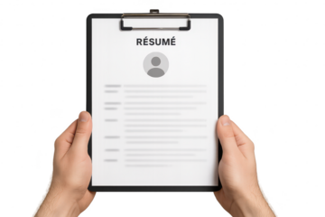 Hands holding a resume document on a clipboard, isolated on transparent background