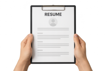 Hands holding a resume on clipboard isolated on transparent background