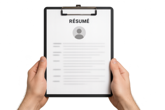 Hands holding a resume document on a clipboard, isolated on transparent background