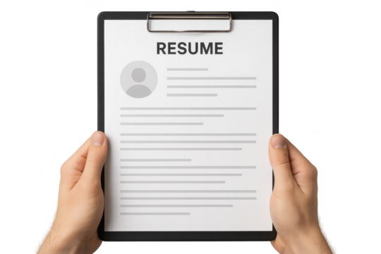 Job applicant holds resume on clipboard, isolated on transparent background.