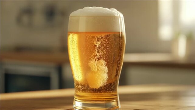 Cold golden ale in a chilled glass at a pub or bar.