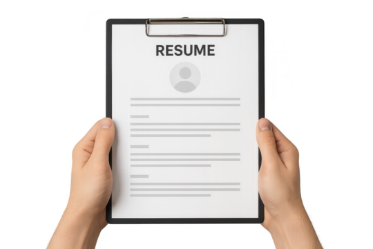 Hands holding a resume on clipboard isolated on transparent background