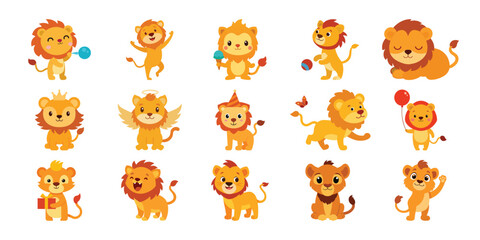 Obraz premium Collection of cute cartoon lions in various poses and activities with colorful balloons and accessories