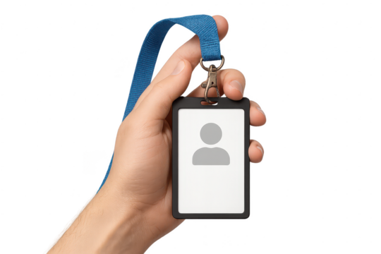 Hand holding blank ID badge holder with blue lanyard, isolated on transparent.