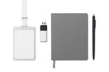 ID badge, USB drive, notebook, pen, office essentials isolated on transparent background