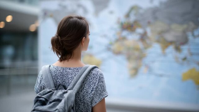 A female student explores global education opportunities with a wall-mounted map, highlighting study abroad and internships.