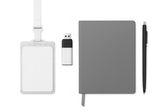 ID badge, USB drive, notebook, pen, office essentials isolated on transparent background