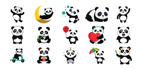 Collection of cute cartoon pandas in various poses and activities for children s designs