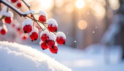 Winter berries covered in snow, sunlit