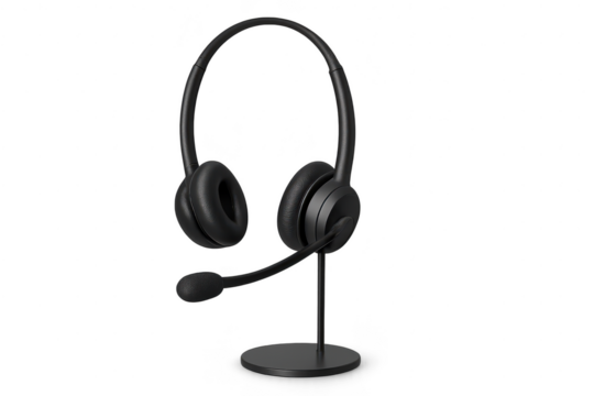 Black headset with microphone on stand, isolated on a transparent background.