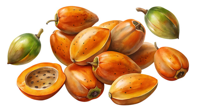A vibrant collection of ripe papayas, some whole and some halved to reveal their seeds, with a few unripe green ones, isolated on transparent background