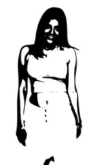 Silhouette of a smiling woman in dress isolated on white background