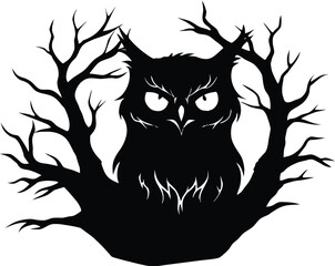 Owl Eyes Glowing In Haunted Hollow Tree Silhouette