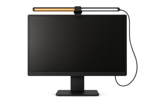 Sleek black computer monitor with an LED light bar, isolated on transparent background.