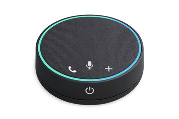 Obraz premium Modern black conference speaker isolated on transparent background with glowing ring