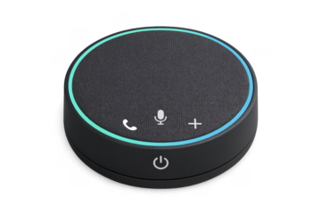 Modern black conference speaker isolated on transparent background with glowing ring