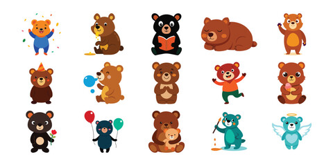 Collection of diverse cartoon bears in various playful poses and activities with vibrant colors © mdkamran