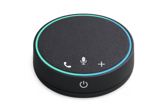 Modern black conference speaker isolated on transparent background with glowing ring