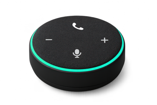 Black smart speaker voice assistant device with glowing light ring, isolated on transparent background