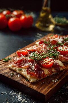 Delicious flatbread pizza with prosciutto, fresh tomatoes, and parmesan on wooden board ready to serve, tantalizing food photography for restaurant menus and gourmet blogs
