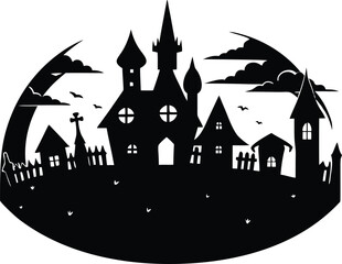 Spooky Village Skyline At Dusk Silhouette