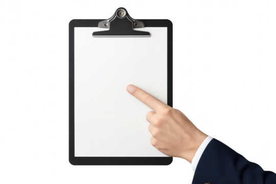 Businessman's hand points to blank clipboard document, isolated on transparent background - Powered by Adobe