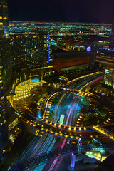 High Angle Las Vegas Strip Night Traffic Light Trails and Cityscape