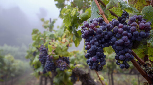 Fresh purple grapes hanging on vine in misty vineyard showcasing lush green foliage