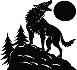 Werewolf Howling On Rocky Cliff Silhouette