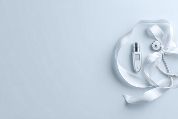 medical equipment display, overhead shot of stethoscope, digital speedometer, and glucometer on pastel blue background with a ribbon