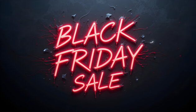 Cracked Terrain Black Friday Sale Typography – Neon Red Text with Debris and Glow on Dark Background