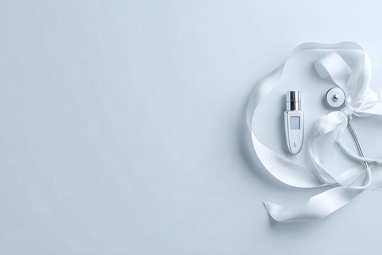 medical equipment display, overhead shot of stethoscope, digital speedometer, and glucometer on pastel blue background with a ribbon