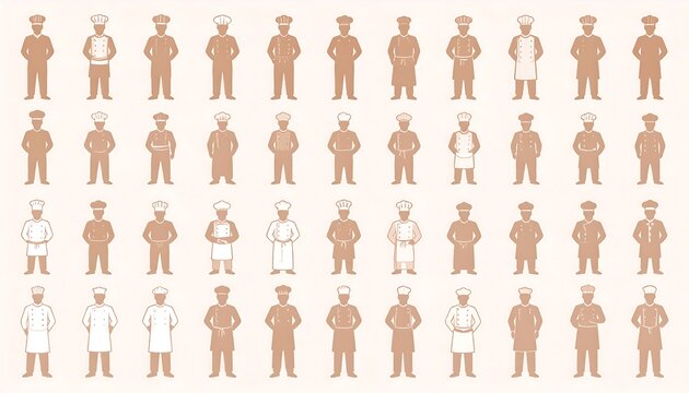 Chef uniforms in various styles.  Silhouettes of many chefs in light beige/tan,  standardized poses, with different apron and/or uniform designs