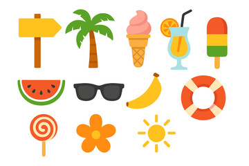 Summer icon set, flat design graphic elements. Vacation bundle, tropical beach collection with palm tree, ice cream, cocktail, watermelon, sunglasses, lifebuoy, and sun symbols.
