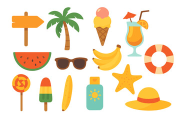 Summer vacation icon set. Collection of beach graphic elements in flat design. Tropical palm, ice cream, cocktail, watermelon, sunglasses, lifebuoy, sun hat, fruit vector.