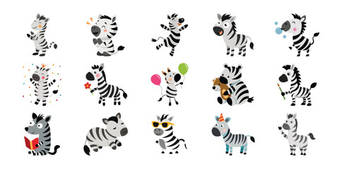 Collection of cute cartoon zebras in various poses and outfits perfect for children s designs and illustrations