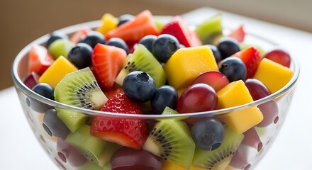 Fresh Fruit Salad in a Glass Bowl A Vibrant Medley of Healthy Goodness.
