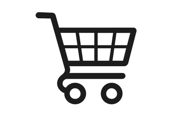 Black shopping cart icon isolated on white background. Vector illustration of empty store trolley, grocery basket symbol with transparent background. Online shopping, retail concept design.