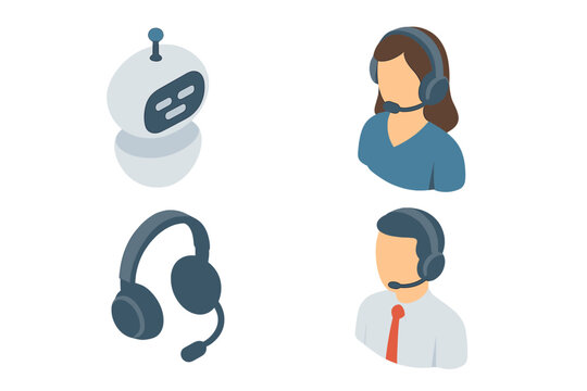 Isometric technical support icon set. Call center operator, chatbot assistant, hotline consultant. Customer service helpdesk elements with headset. Vector online help concept.