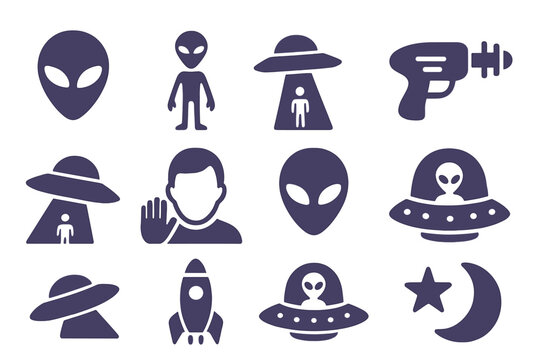 UFO and aliens icon set. Solid glyph pictograms collection. Extraterrestrial, martian, abduction, space gun, spaceship, witness, flying saucer, rocket, invasion symbols.