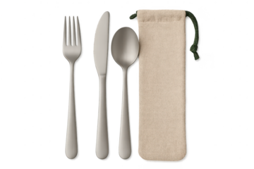 Eco-friendly portable cutlery set in canvas pouch, transparent background.