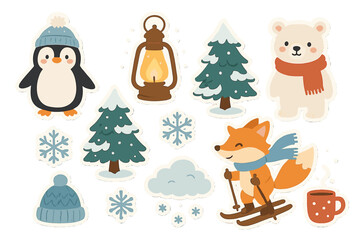 Cute winter animal sticker set. Cartoon vector illustration pack with penguin, polar bear, skiing fox. Holiday elements like snow, fir tree, lantern, hot drink, cozy hat.