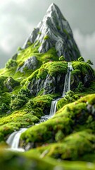 Enchanted Miniature Mountain Landscape with Lush Green Moss and Cascading Waterfalls